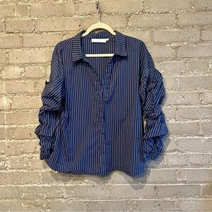 Astr Navy and White Striped Button Down Shirt